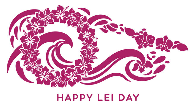 Elegant monochrome lei day design featuring a flowing garland of hibiscus and orchids, creating a stylish and traditional hawaiian greeting in a rich magenta hue.