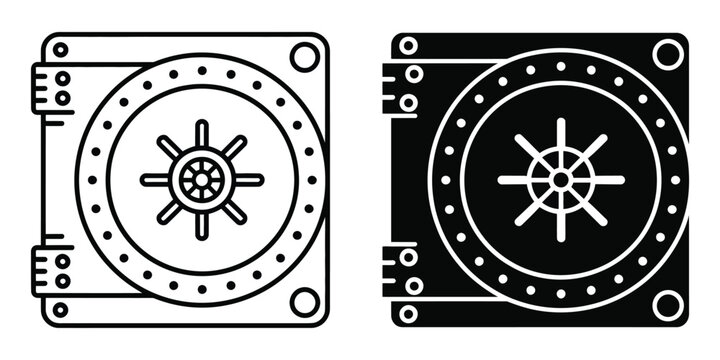 Linear icon bank vault closed entrance featuring heavy armored door combination lock and security screw handle, minimal monochrome vector illustration representing financial security and protection.