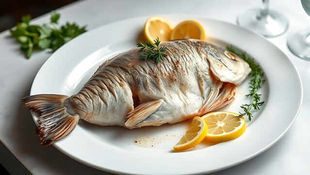 turbot. A cooked whole turbot on a white porcelain plate with lemon slices and fresh herbs. menu design, packaging mockups, designed for culinary blogs and recipe cards for restaurants.