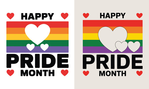 Happy pride month celebration graphic with hearts, vector illustration