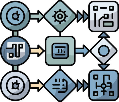 Process flow diagram with interconnected steps and icons for business workflow and strategy Vector Illustration