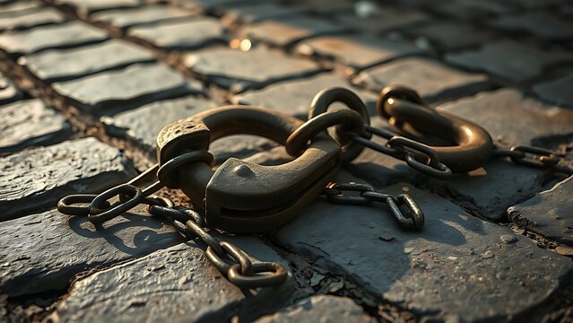 exoneration. Weathered rusted shackles lie on rough stone, chains trailing into shadow. event programs, museum guides, designed for cultural heritage projects and event programs.