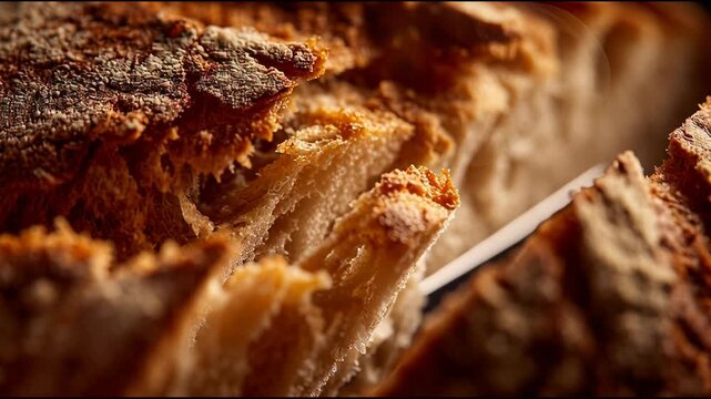 Close-up of a knife slicing through a crusty loaf of bread, creating crumbs.