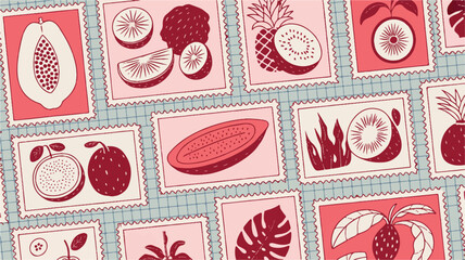 Naklejka premium Tropical Fruit Pattern with Postage Stamp Frames in Pink and Red Flat Vector Illustration