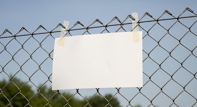 Mockup Logo Mockup Blank White Paper Attached to Chain Link Fence with Blue Sky sign notice