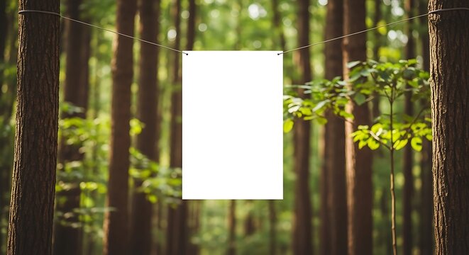 Mockup Logo Mockup Blank White Poster Hanging Between Trees in a Forest Setting blank poster, white paper