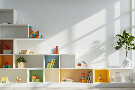 Pastel playroom with geometric bookcase filled with plush toys, books and plants. Nursery interior with floor-to-ceiling geometric shelving unit. Kindergarten playroom decoration background.