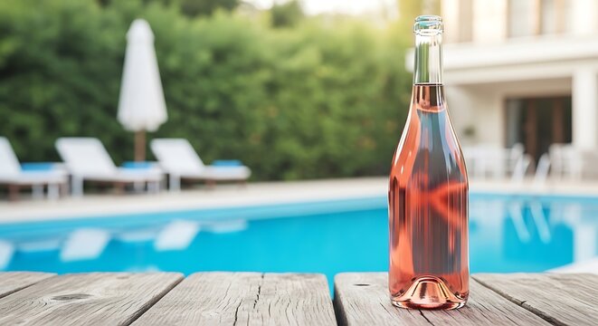 Mockup Logo Mockup Bottle of Rose Wine by a Swimming Pool with Lounge Chairs photo