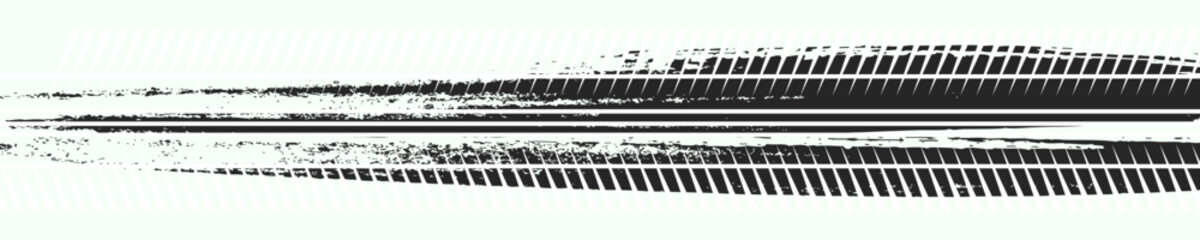 Grunge tire tracks, wheel braking marks. Truck, car or motorcycle tread pattern silhouettes. Auto race, motorsport, speed racing design element. Vector illustration © musekki