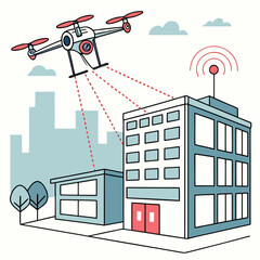 Fototapeta premium Drone scanning and smart surveillance of city buildings illustration with real estate scanning surveillance building technology infrastructure wireless communication monitoring engineering
