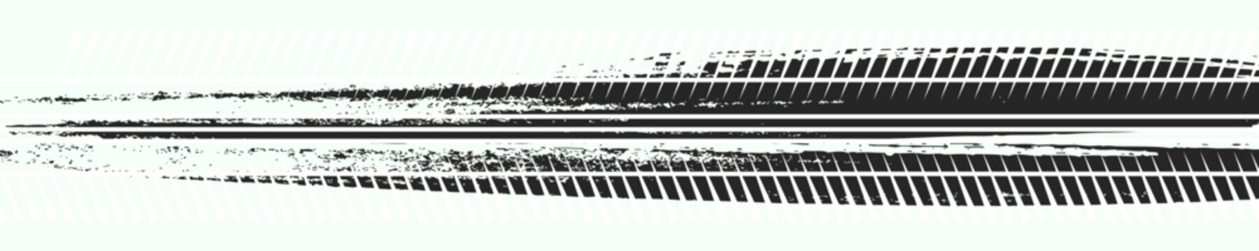 Grunge tire tracks, wheel braking marks. Truck, car or motorcycle tread pattern silhouettes. Auto race, motorsport, speed racing design element. Vector illustration