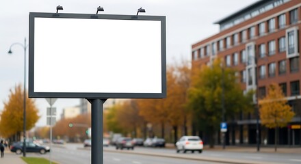 Fototapeta premium Mockup Logo Mockup Large Blank Billboard Sign on City Street with Blurred Traffic and Buildings advertisement