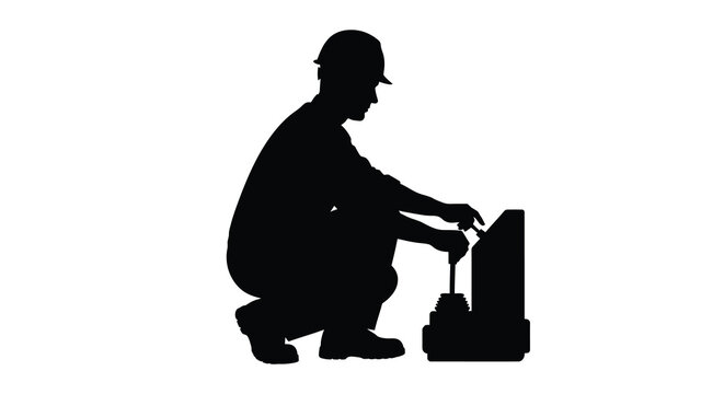 A technician repairs equipment focusing on a detailed task silhouette