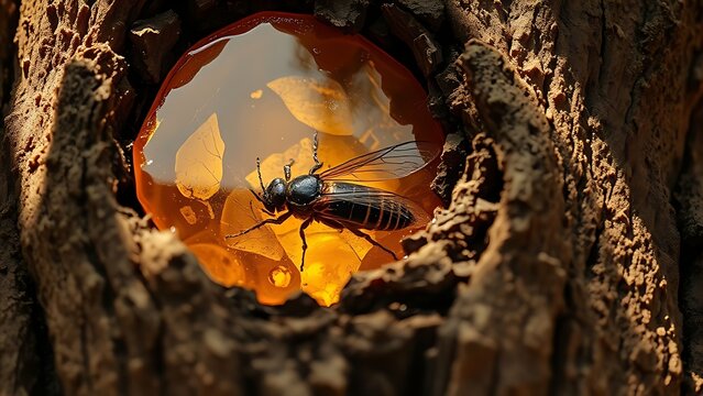 copal. Golden amber copal resin trapped in tree bark containing a preserved insect. gardening catalogs, home-decor guides, designed for home decor and floral branding, used by nutritionists.