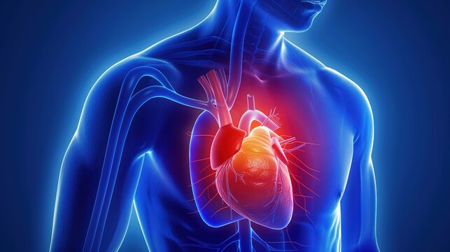Angina Pectoris medical illustration showing chest pain caused by myocardial ischemia, blocked coronary arteries, insufficient blood oxygen supply to heart muscle, cardiovascular warning symptoms, 