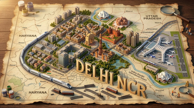 3D isometric map illustration of Delhi NCR, India, featuring Indira Gandhi International Airport, Gurugram, and Vande Bharat Express on vintage parchment.