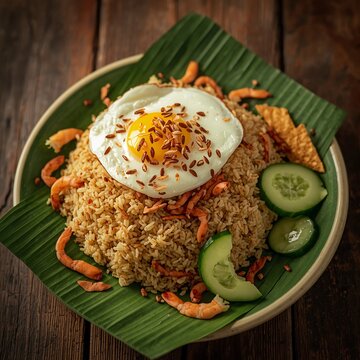 Traditional Indonesian fried rice with egg and crackers on banana leaf