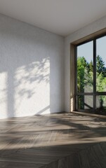 Obraz premium Modern minimalist interior with a large window and leaf shadows