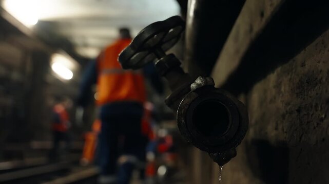 Close-up of a dripping industrial valve in a dimly lit underground tunnel, with maintenance workers blurred in the background as they perform track repairs and inspections.