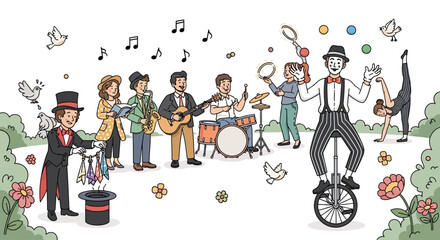 Cartoon circus performer on unicycle balancing. © ana