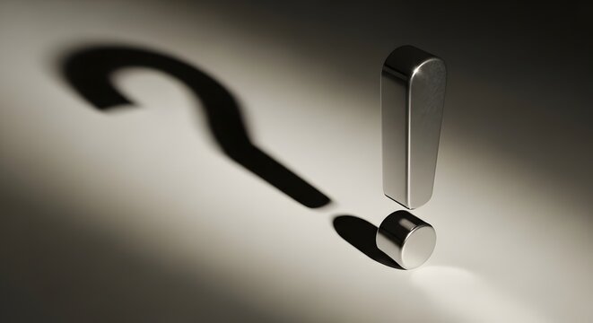 3D metallic exclamation mark casting a question mark shadow, symbolizing confusion and resolution or inquiry and answer