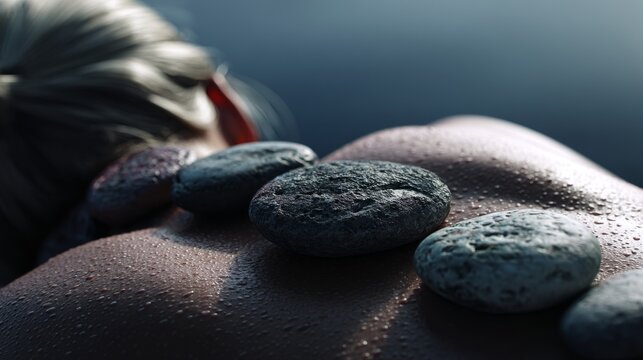 Closeup of wet back with hot stones arranged for massage, woman relaxing, wellness experience, lifestyle concept, natural care, detail, closeup, calming spa, rejuvenation, soothing therapy