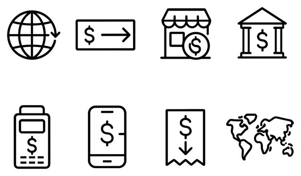 Finance icons with globe bank receipt outline