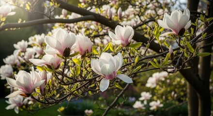 Fototapeta premium Magnolia Tree Blossoms in Spring Sunlight