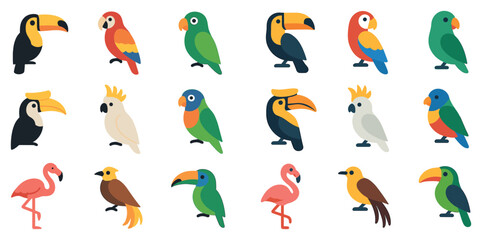 Fototapeta premium Tropical icons with toucan parrot flamingo flat colorful