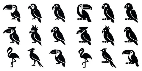 Obraz premium Tropical bird icons with toucan parrot flamingo silhouette style