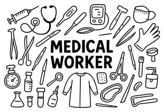 Medical icons with stethoscope syringe lab coat minimal outline