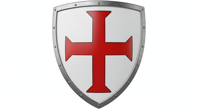 A realistic medieval-style heater shield isolated on white, showcasing the iconic red crusader cross on a white face with metallic edging.