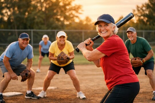 Senior friends playing softball at sunset - active older adults enjoying a team baseball game