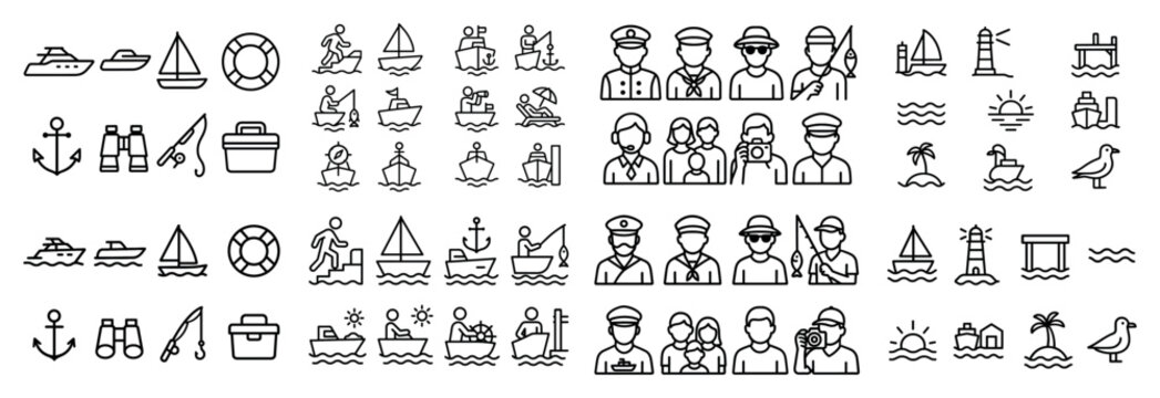 Nautical icon set with people and sea elements
