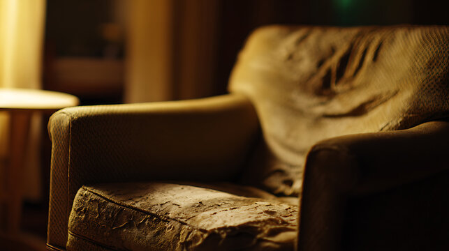 Closeup of wornout armchair in dim light emphasizing modern lifestyle and connectivity