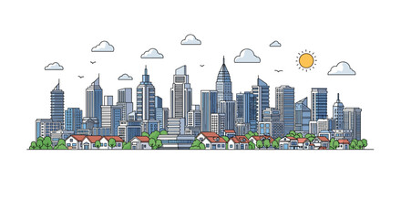 Obraz premium Panoramic view of a modern city skyline with tall office buildings and small residential houses in the foreground under sun.