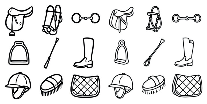 Equestrian icons with saddle bridle stirrup outline