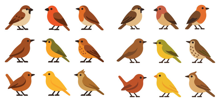 Nature icons with robin finch sparrow flat colorful
