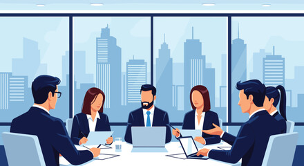 Fototapeta premium Group of business professionals having a formal meeting in a modern conference room with a large window overlooking a city skyline.