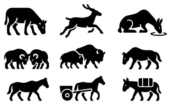 Farm animal icons with donkey horse bison silhouette minimal