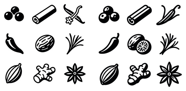 Spice icons with cinnamon stick chili pepper star anise outline