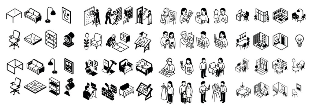 Isometric office and home interiors with people