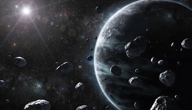 A large moon is seen in space with many small objects