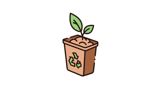 Centrally aligned vector icon of a brown compost bin with a green recycling symbol, containing organic soil and a small green sprout with two leaves growing out against white.