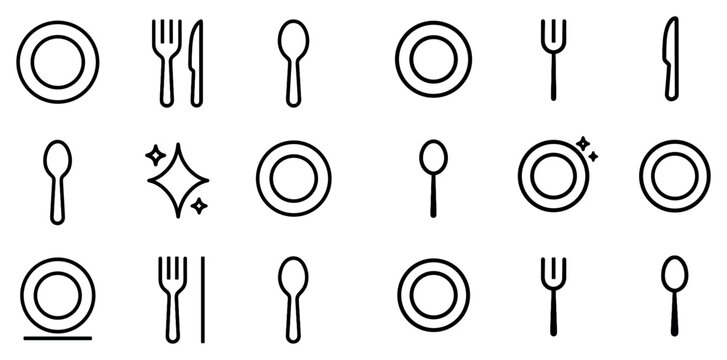 Dining icons with plate fork spoon simple outline