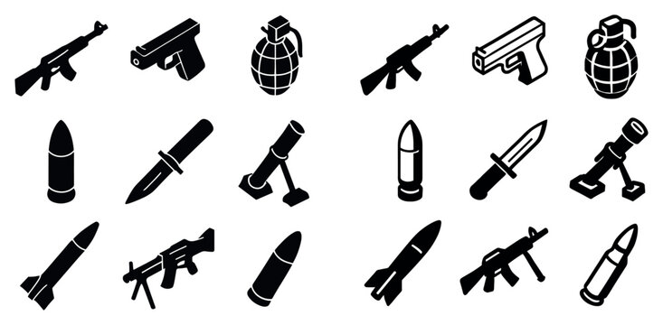 Military icons with rifle pistol grenade bold silhouette