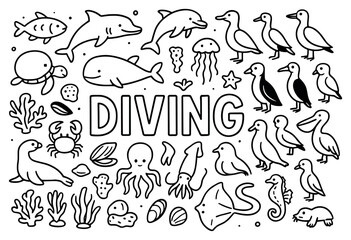 Fototapeta premium Diving icons with dolphin octopus coral outline drawings