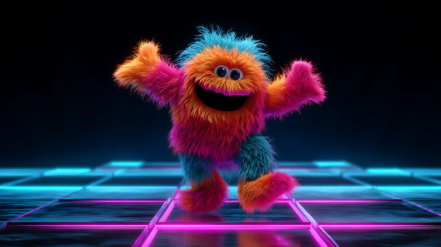 A colorful furry monster with blue and pink hair dancing on a neon lit floor with a big smile on its face in a fun scene