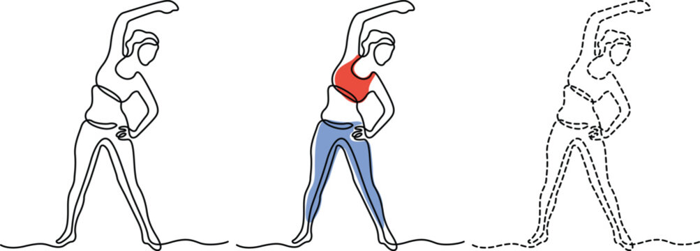 Demonstrations of a stretching exercise targeting the back and arms Vector