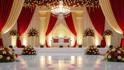 Fototapeta premium Melayu wedding stage decoration with symmetrical layout and rich textures